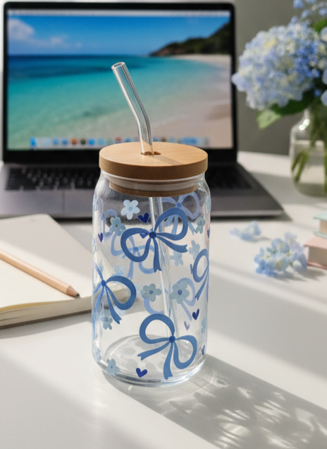π Blue Breeze Glass Cup β 16oz with Bamboo Lid & Glass Straw (Tax Included)