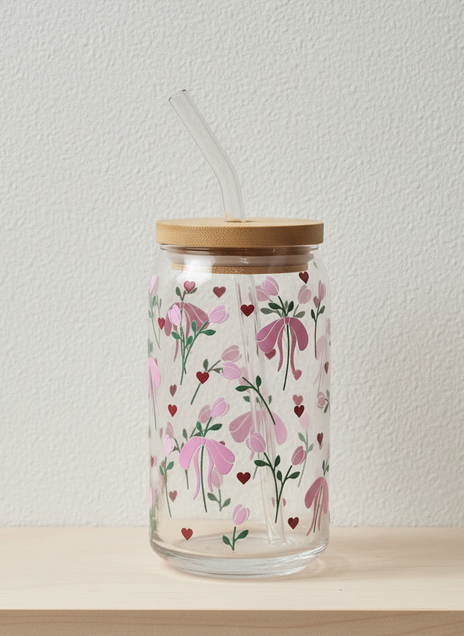 π Pink Ribbon Garden Glass Cup β 16oz with Bamboo Lid & Glass Straw (Tax Included)