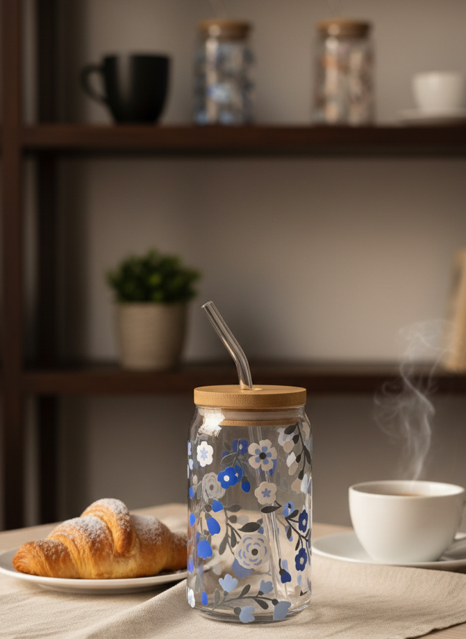 π Blue Garden Bliss Glass Cup β 16oz with Bamboo Lid & Glass Straw (Tax Included)