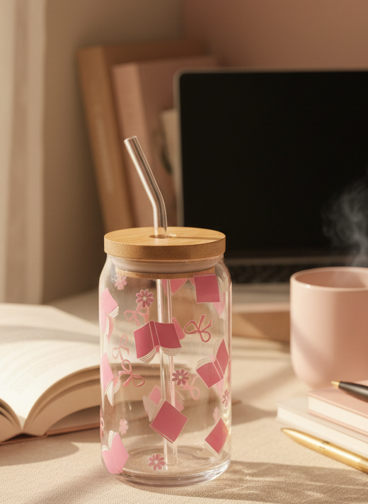 π Coquette Book Lover Glass Cup β 16oz with Bamboo Lid & Glass Straw (Tax Included)