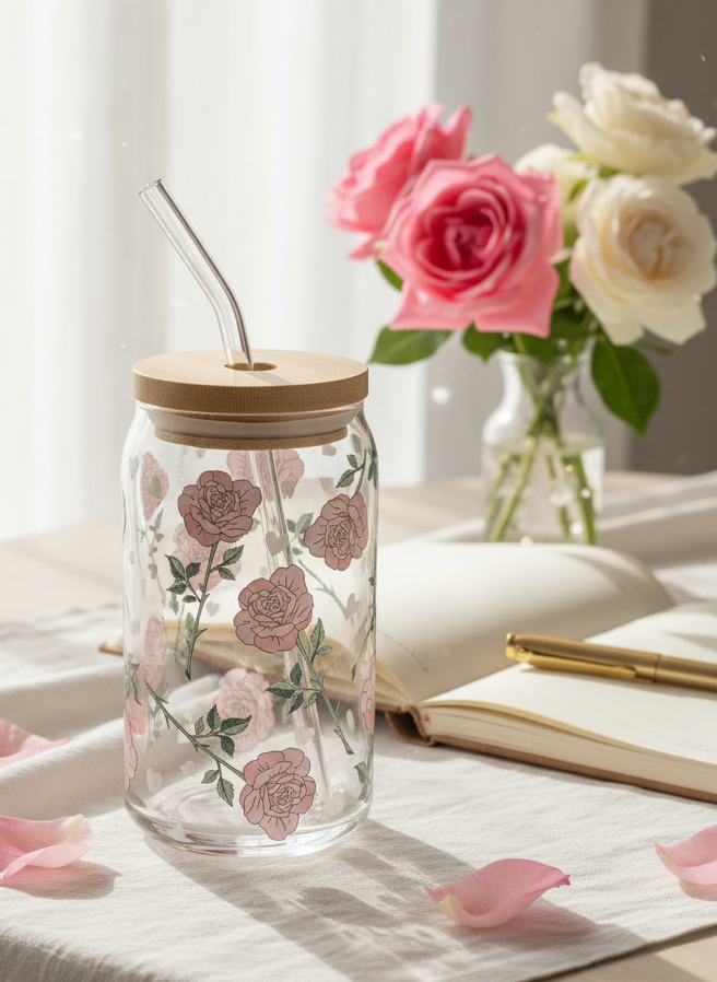 ๐น Romantic Rose Garden Glass Cup โ 16oz with Bamboo Lid & Glass Straw (Tax Included)