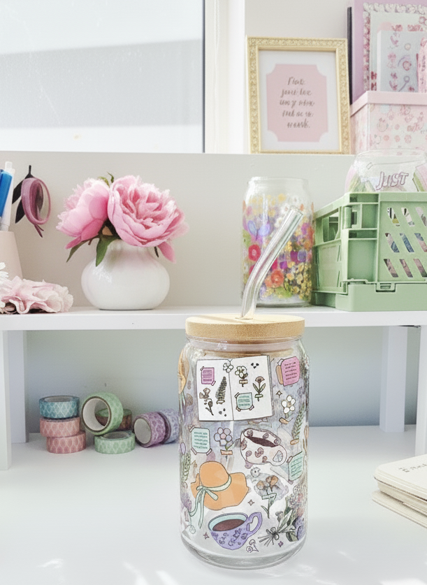 ๐ธ Whimsical Garden Glass Cup โ 16oz with Bamboo Lid & Glass Straw (Tax Included)
