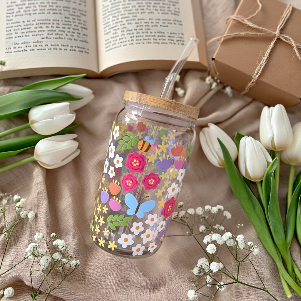 🐝 Bloom & Bee Glass Cup – 16oz with Bamboo Lid & Glass Straw (Tax Included)