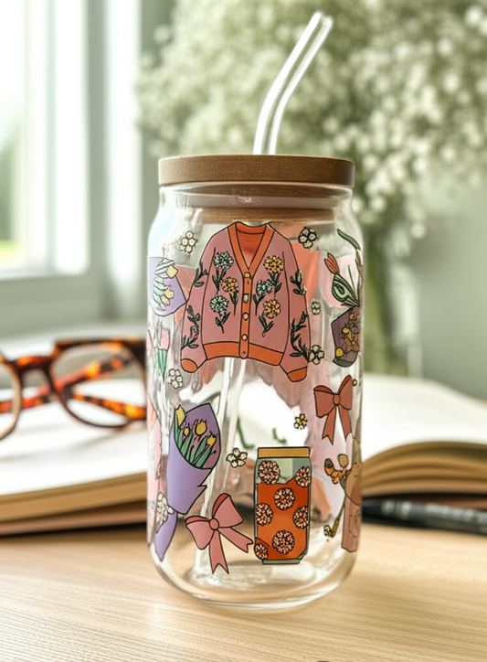 🧡 Cozy Sweater Season Glass Cup – 16oz with Bamboo Lid & Glass Straw (Tax Included)