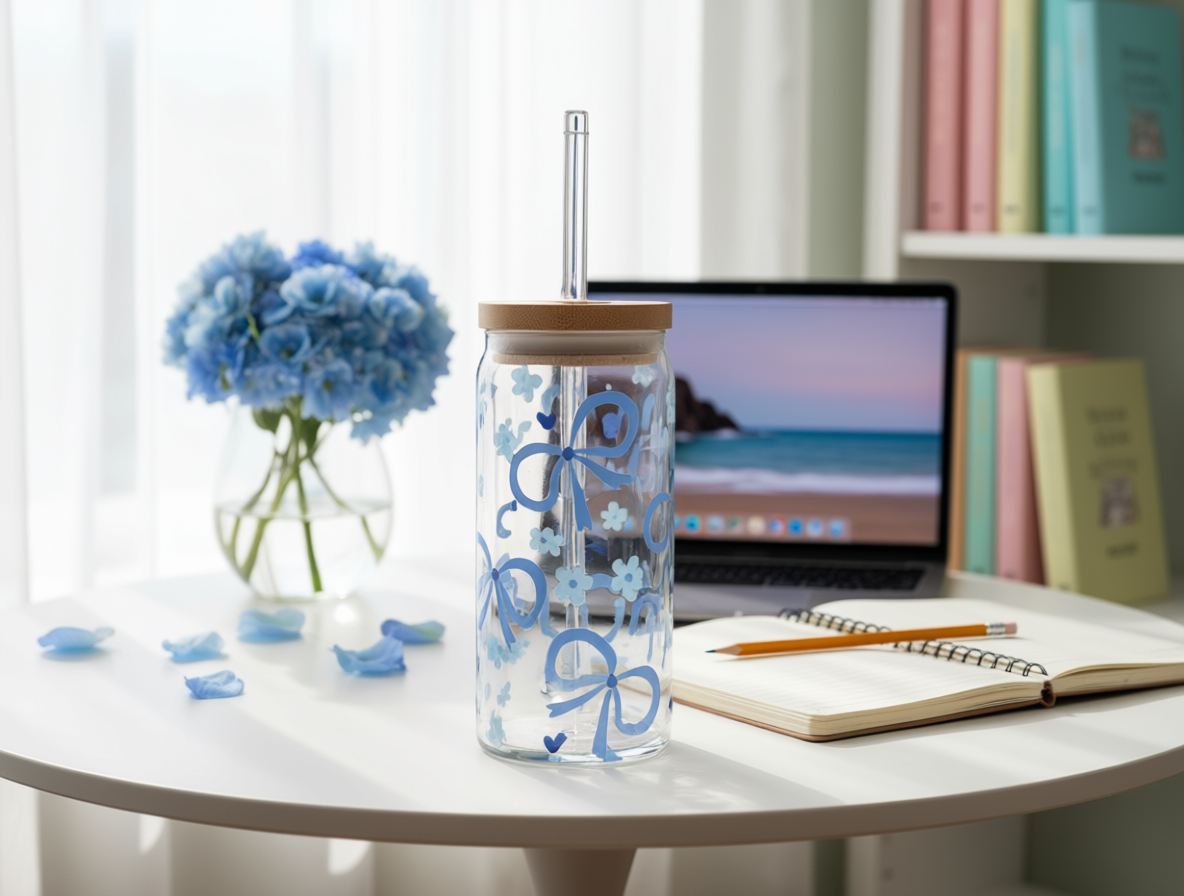 💙 Blue Breeze Glass Cup – 16oz with Bamboo Lid & Glass Straw (Tax Included)