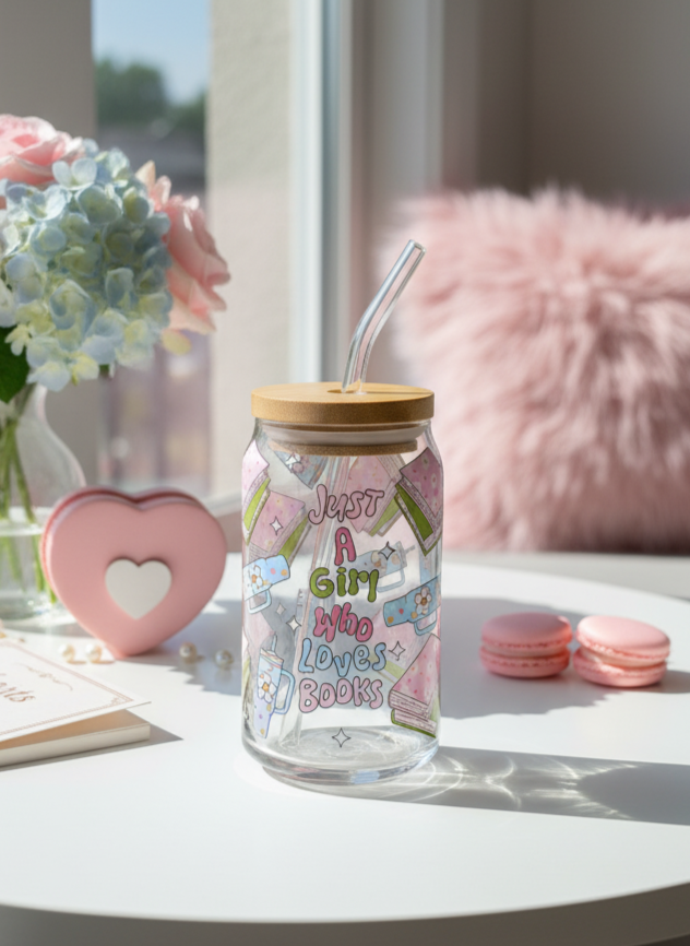 📚 Just a Girl Who Loves Books Glass Cup – 16oz with Bamboo Lid & Glass Straw (Tax Included)