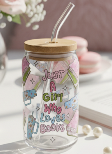 📚 Just a Girl Who Loves Books Glass Cup – 16oz with Bamboo Lid & Glass Straw (Tax Included)