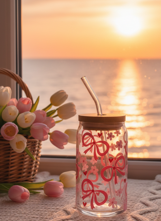 💖 Pink Ribbon Dreams Glass Cup – 16oz with Bamboo Lid & Glass Straw (Tax Included)
