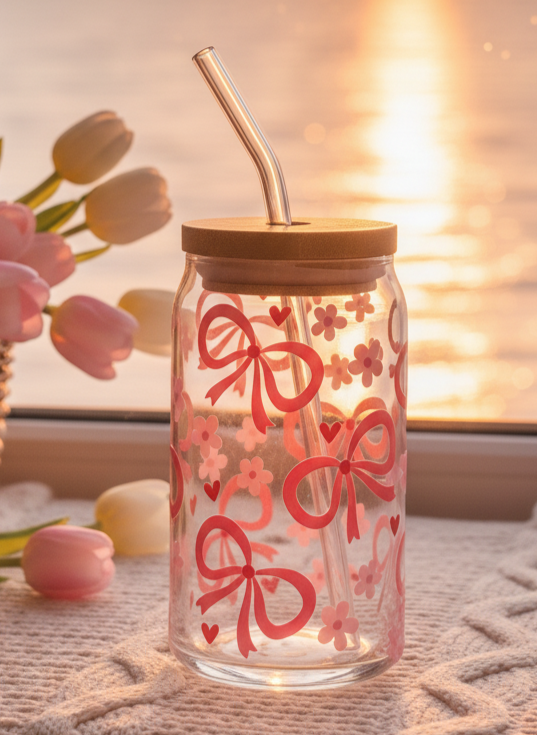 💖 Pink Ribbon Dreams Glass Cup – 16oz with Bamboo Lid & Glass Straw (Tax Included)