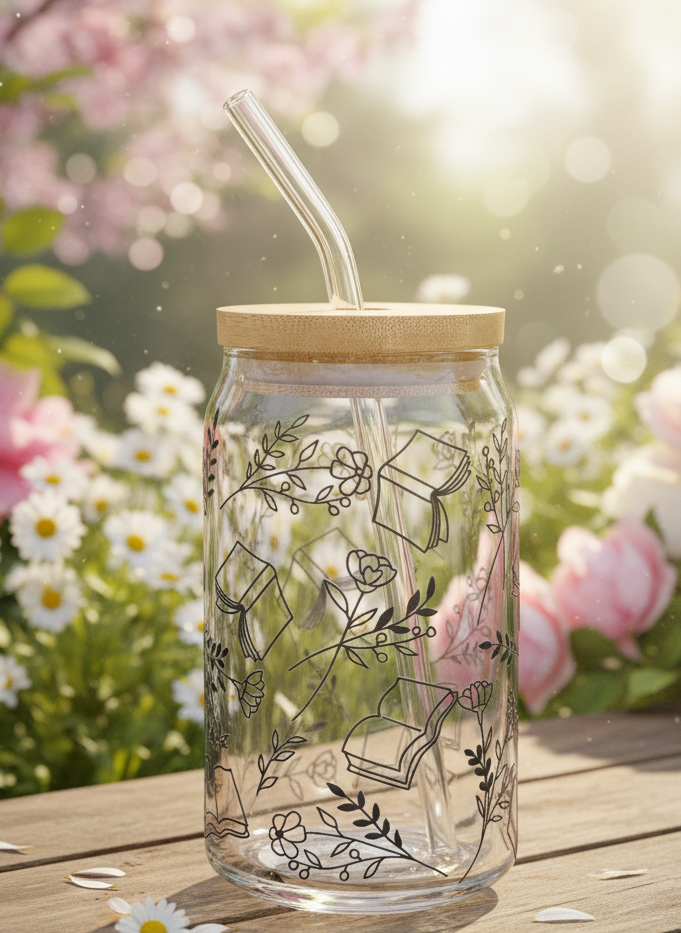 🖤“Whispers of Pages” – Floral Book Glass Cup – 16oz with Bamboo Lid &amp; Glass Straw (Tax Included)