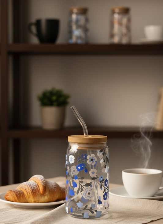 💙 Blue Garden Bliss Glass Cup – 16oz with Bamboo Lid &amp; Glass Straw (Tax Included)