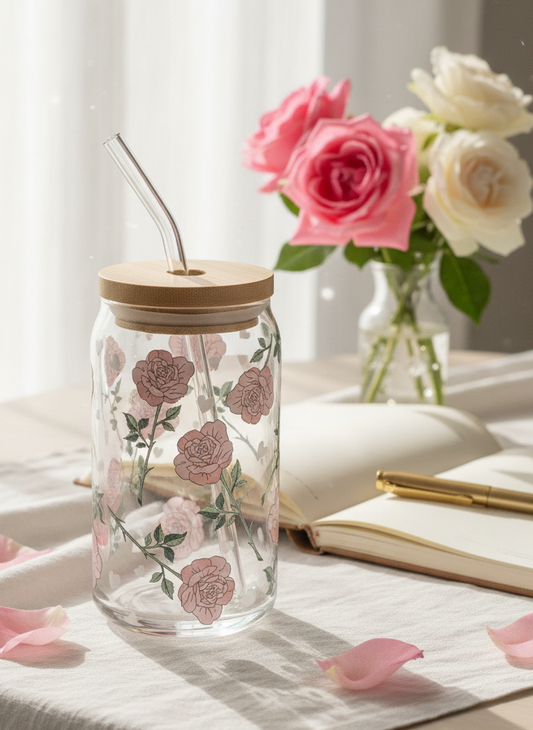 🌹 Romantic Rose Garden Glass Cup – 16oz with Bamboo Lid &amp; Glass Straw (Tax Included)